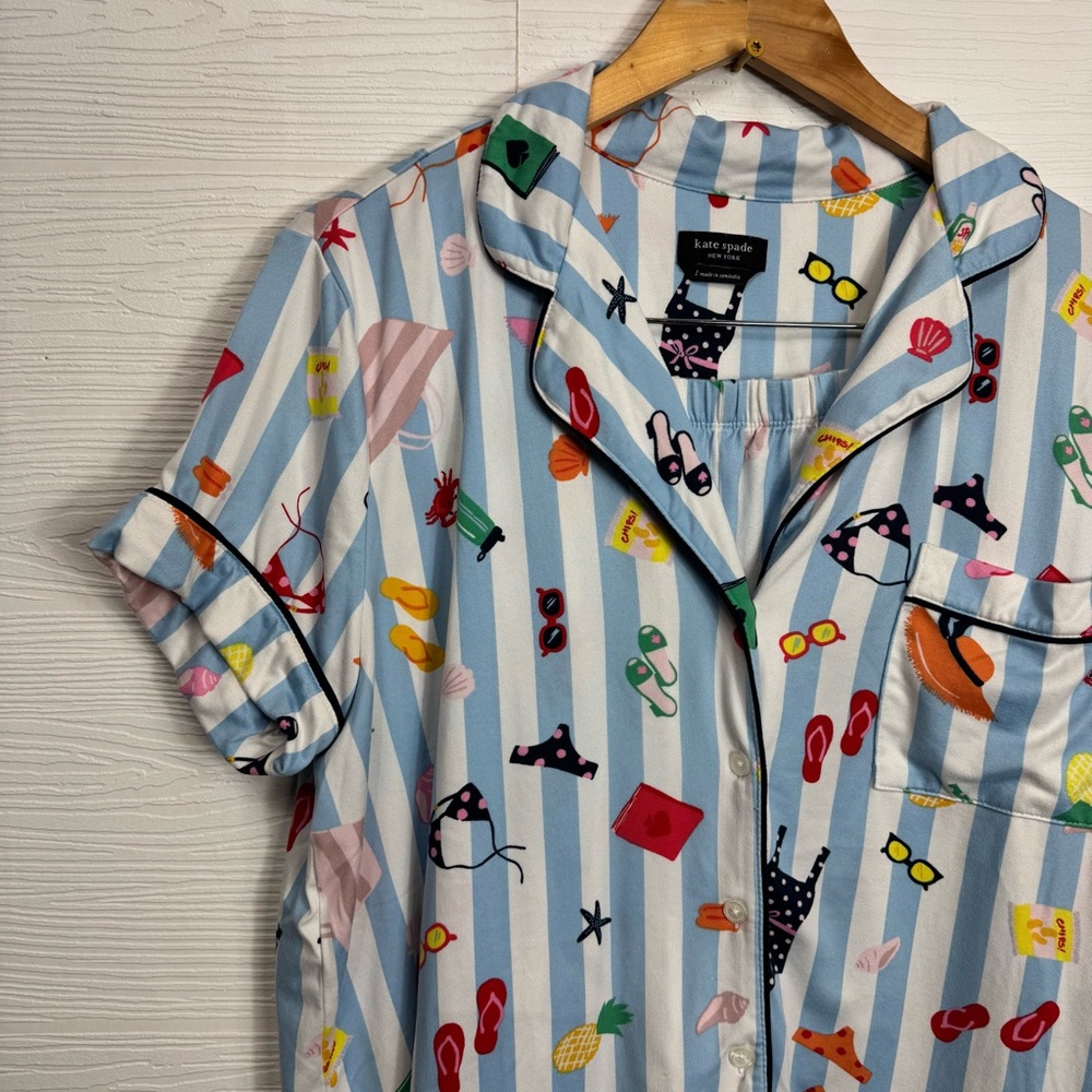 Kate Spade Colorful Summer Beach Printed Striped Button-Up Pajama Set Large - Picture 3 of 9